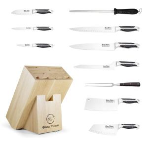 A wooden knife block containing a 11-piece knife set with black ABS handles by Gunter Wilhelm.