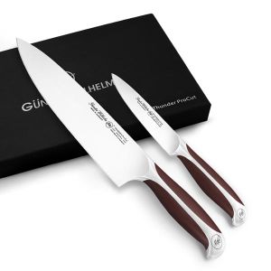 A gift box contains two knives: a 3.5" paring knife and an 8" chef knife.