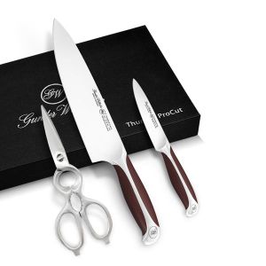 3 Pieces Knife Set, Full Tang Handle, Brown ABS Handle, Black Gift Box, 8" Chef Knife, 3.5" Paring Knife, Forged Detachable Shears