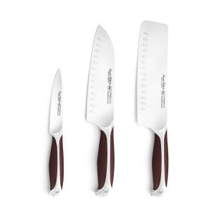3 PCs Knife Set, Full Tang Handle, Brown ABS Handle, 3.5" Paring, 7" Santoku, 7.5" Nakiri