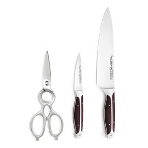 3 PCs Knife Set, 3.5" Paring, 8" Chef Knife, Kitchen Scissors, Brown ABS Handle, Full Triple-Tang Handle