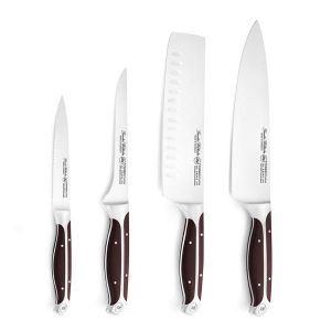 4 Knives Bundle, Brown ABS Handle, Full Triple-Tang Handle, 8" Chef Knife, 6" Boning, 7.5" Nakiri, 5" Serrated Utility Knife