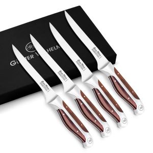 Four 6" Boning knives with brown handles neatly arranged in a black gift box, made of brown Pakkawood by Gunter Wilhelm.