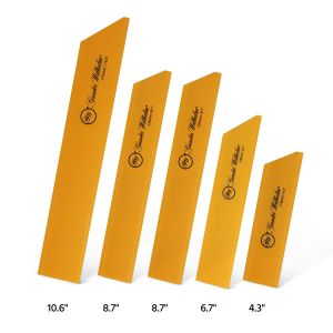 5 yellow knife guard pieces, each displaying precise measurements, serve as knife guards in the 5 PCs Universal Knife Guard set by Gunter Wilhelm.