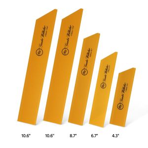 5 yellow knife guard pieces, each displaying precise measurements, serve as knife guards in the 5 PCs Universal Knife Guard set by Gunter Wilhelm.