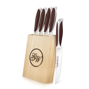 5 PCs Serrated Steak Set, Brown ABS Handle, Full Tang Handle, Wooden Block, 5" Serrated Steak Knife