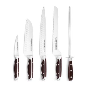 5 Piece 10" Cutlery Knife Set, 3.5" Paring knife, 7" Santoku Knife, 10" Offset Serrated Bread knife, 10" Carving Knife This long knife, 10" Honing Steel