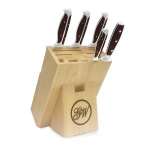 6 piece Block Knife Set, Brown ABS Handle, Full Triple-Tang Handle, Wooden Block
