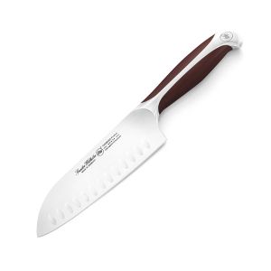 7 Inch Santoku Knife, Full Tang Handle, Brown ABS Handle, Dimples Blade