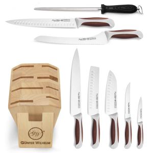9-Piece Cutlery Knife Set, Brown & Grey  ABS Handle, Full-Inner-Tang Handle, Wooden Block