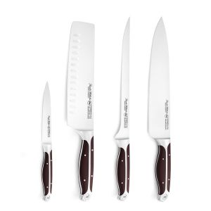 4 Piece Knife Set, Brown ABS Handle, Full Triple-Tang Handle, 10" Chef Knife, 10" Flex Fillet, 7.5" Nakiri, 5" Serrated Utility Knife