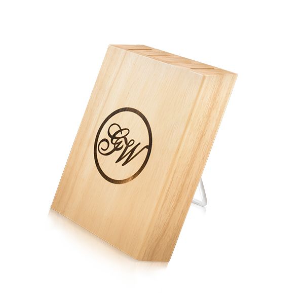 Steak Wood Block by Gunter Wilhelm: A sturdy wooden box showcasing GW logo, specifically crafted to store and present steak knives.