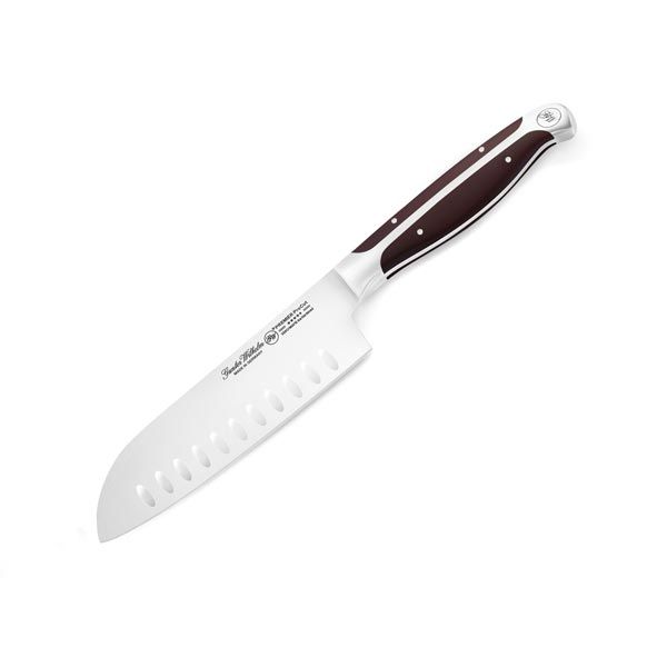 5 Inch Santoku Knife, Brown ABS Handle, Full Triple-Tang Handle, Dimples Blade