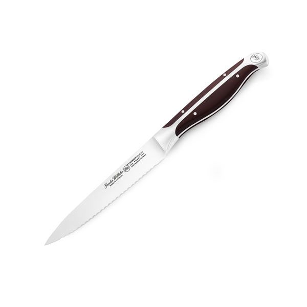 5 Inch Serrated Utility Steak Knife, Brown ABS Handle, Full Triple-Tang Handle, Serrated Blade