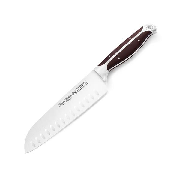 7 Inch Santoku Knife, Brown ABS Handle, Full Triple-Tang Handle, Dimples Blade