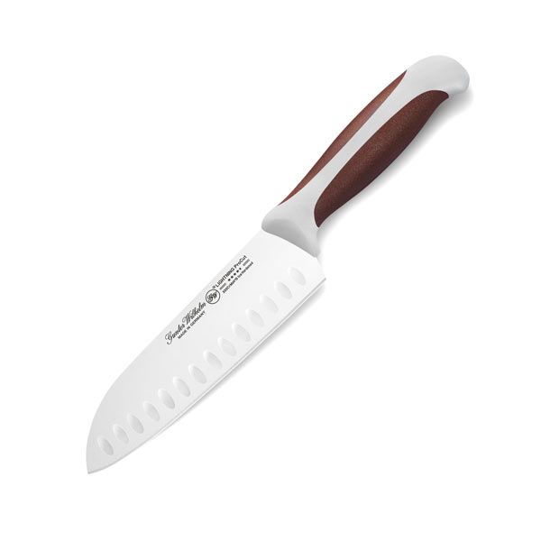 7 Inch Santoku Knife, Full Inner Tang Handle, Brwon & grey ABS Handle, Textur Handle, Dimples Blade