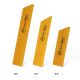 3 yellow knife guard pieces, each displaying precise measurements, serve as knife guards in the 3 PCs Universal Knife Guard set by Gunter Wilhelm.
